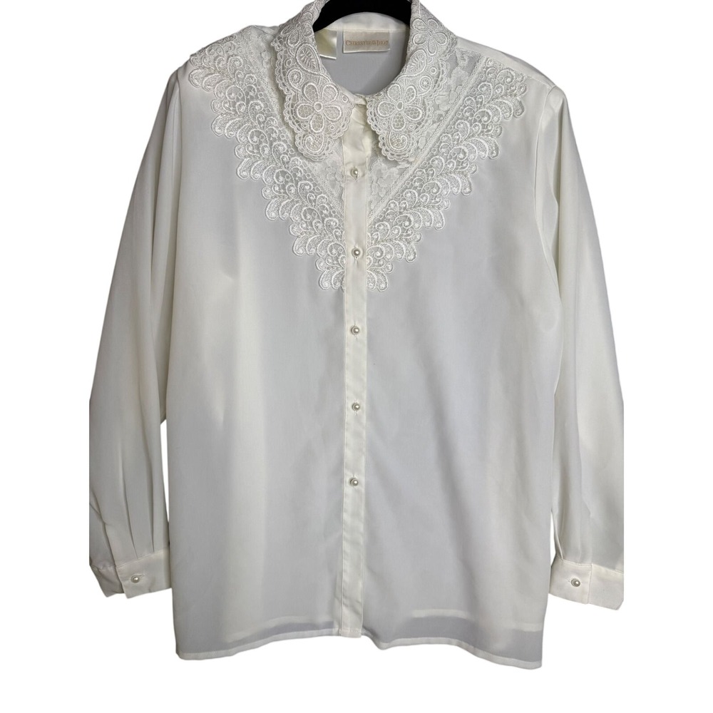 Vintage White Lace Collar Pearl Button Blouse Long Sleeve Sz 14